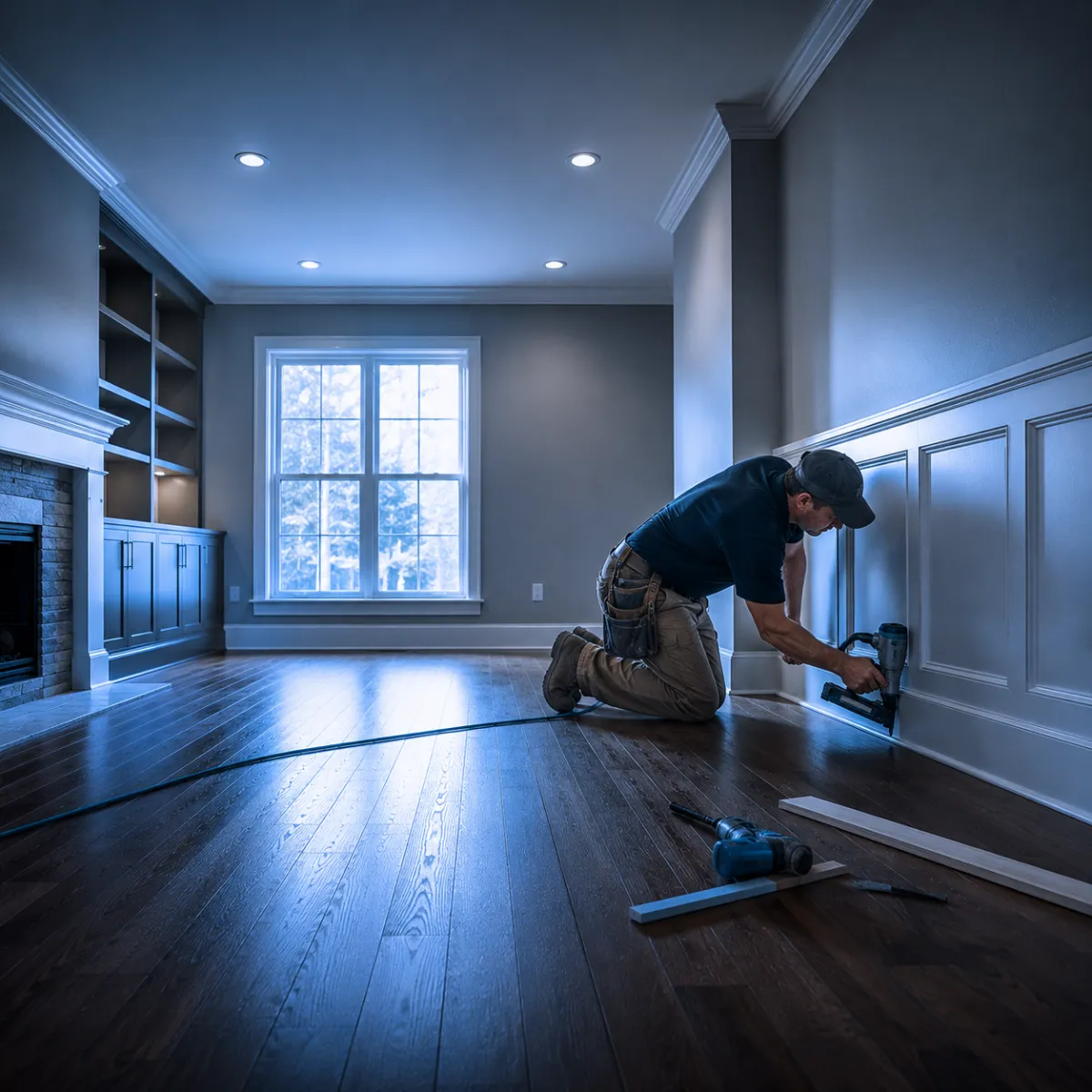 Contractor finishing a rebuilt room during full restoration in Greater Houston