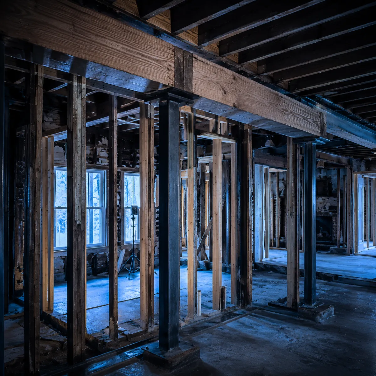 Exposed structural framing under repair in a Greater Houston building