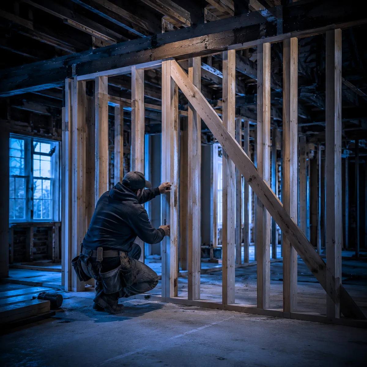 Contractor finishing a rebuilt room during full restoration in Greater Houston