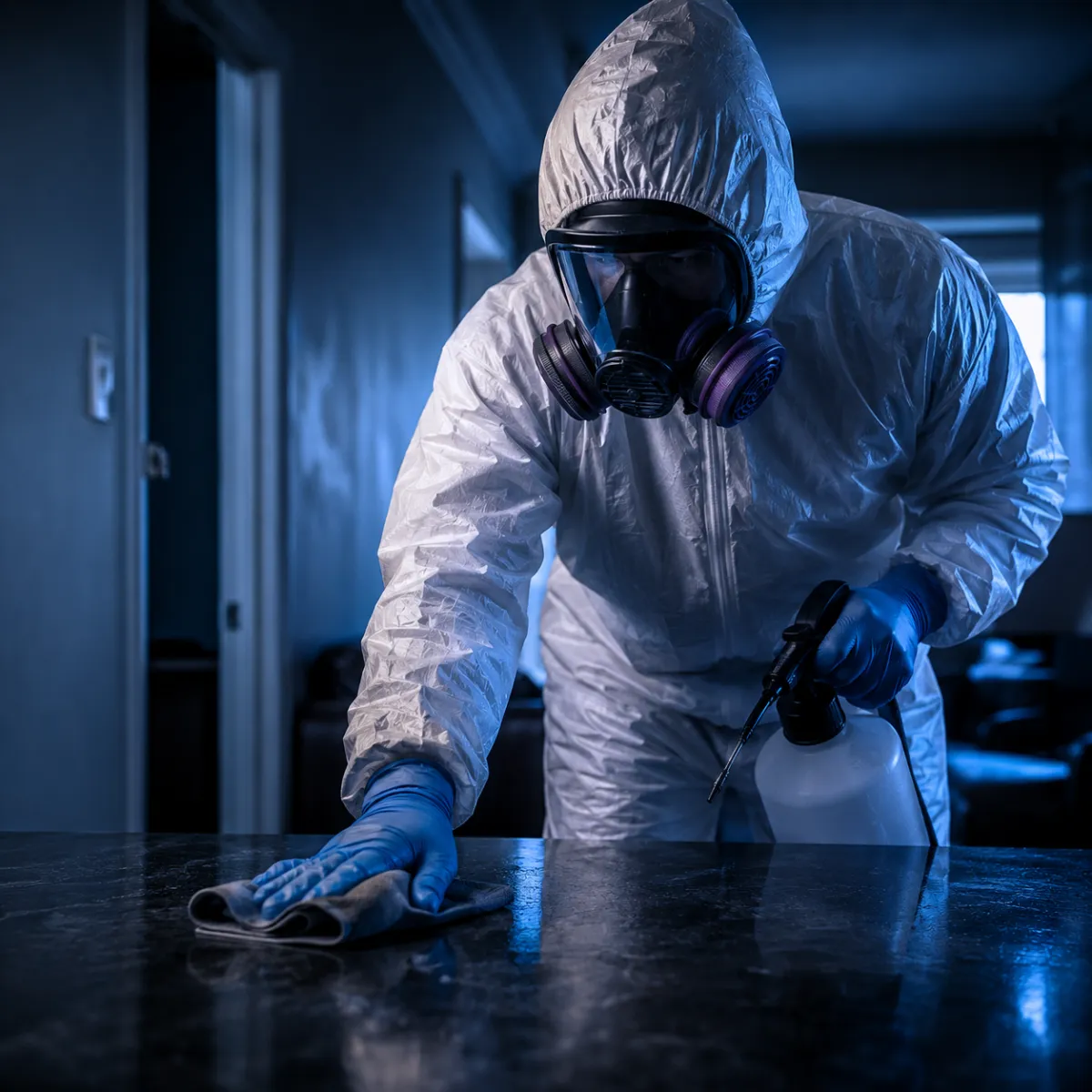 Technician decontaminating a surface during crime scene cleanup in Greater Houston