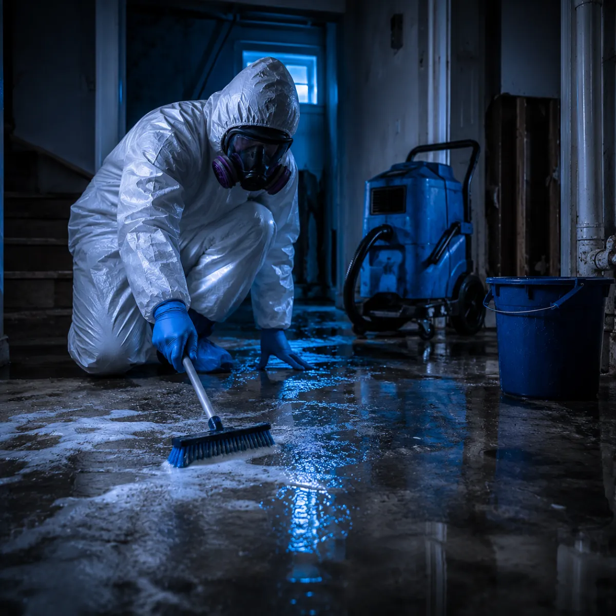 Technician sanitizing a floor during sewage backup cleanup in Greater Houston