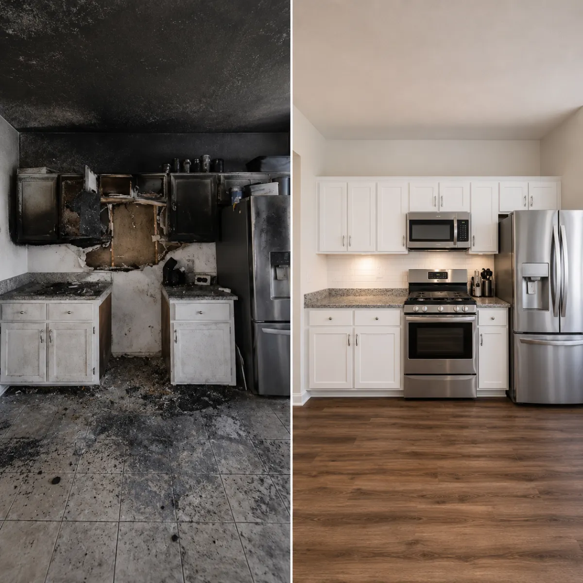 Before and after fire and smoke damage restoration of a kitchen in Greater Houston, TX by Elite Restoration