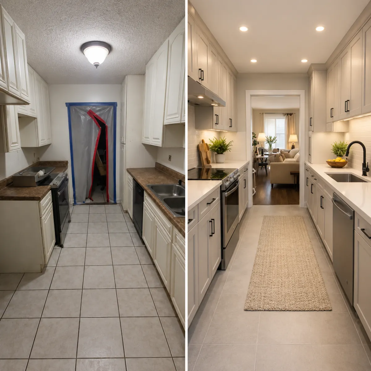 Before and after water damage restoration and kitchen remodel in Greater Houston, TX by Elite Restoration