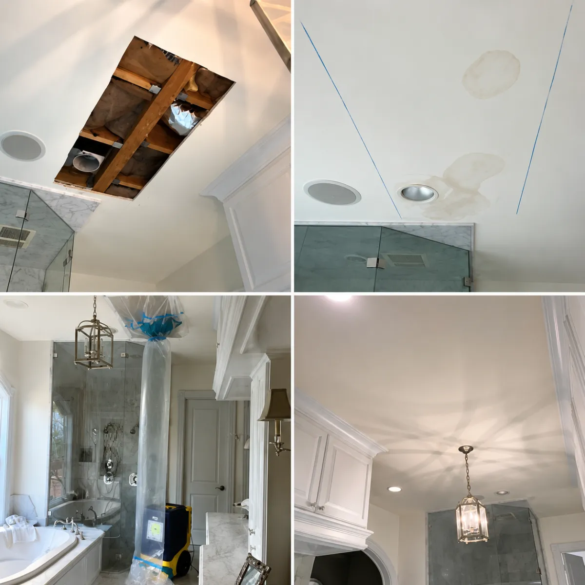 Before and after water damage restoration of a bathroom ceiling in Greater Houston, TX by Elite Restoration