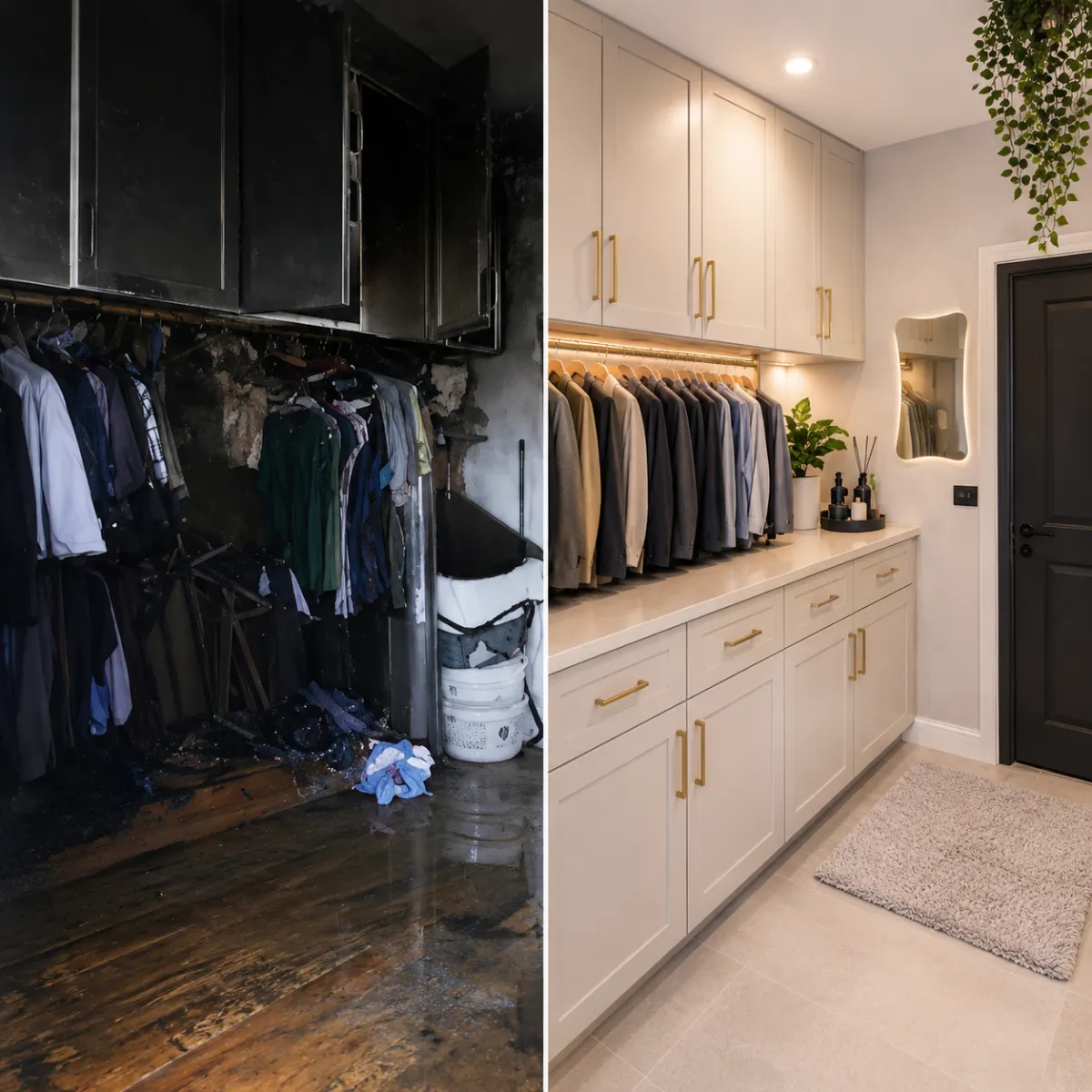 Before and after fire and water damage restoration of a closet in Greater Houston, TX by Elite Restoration