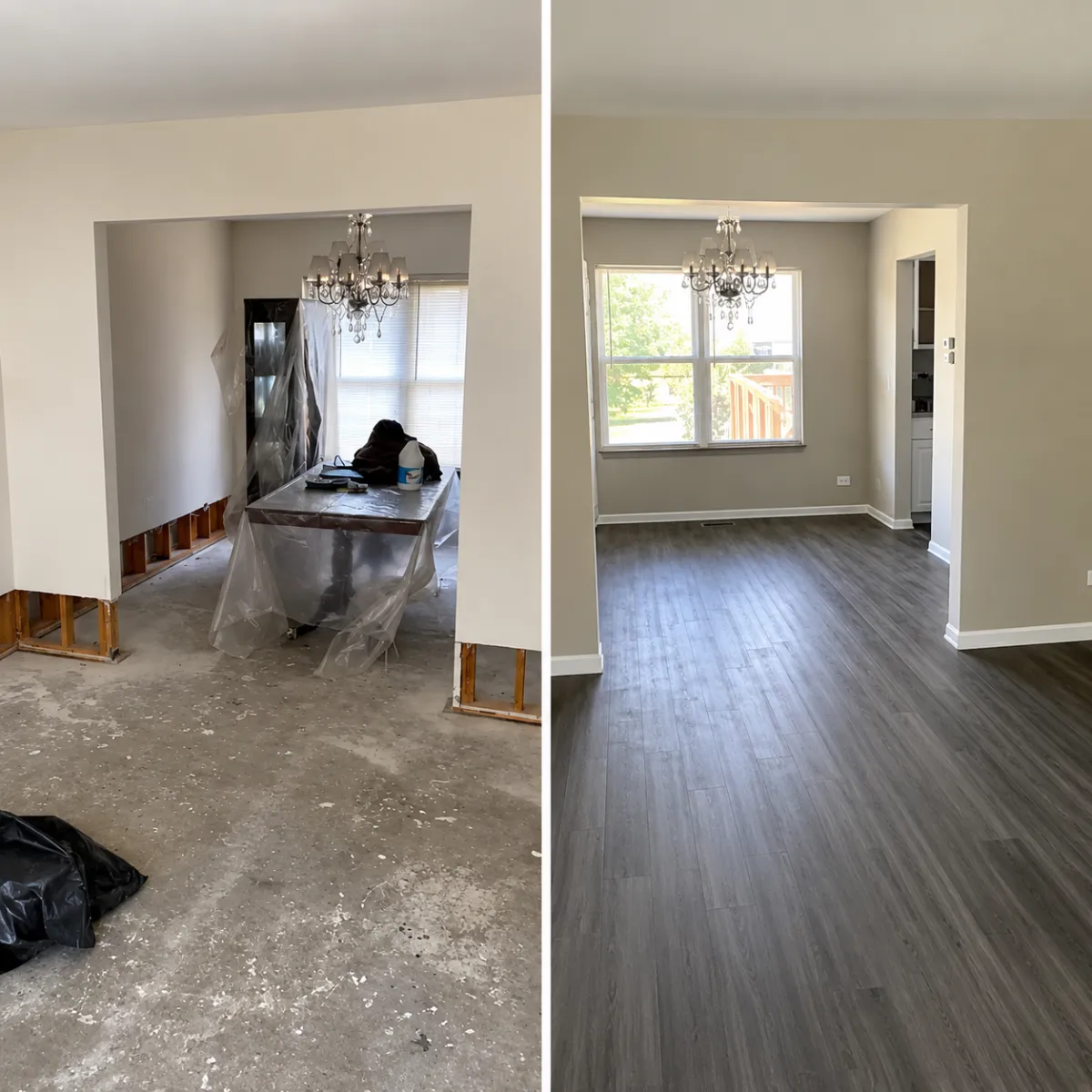 Before and after water damage restoration and flooring repair of a dining room in Greater Houston, TX by Elite Restoration