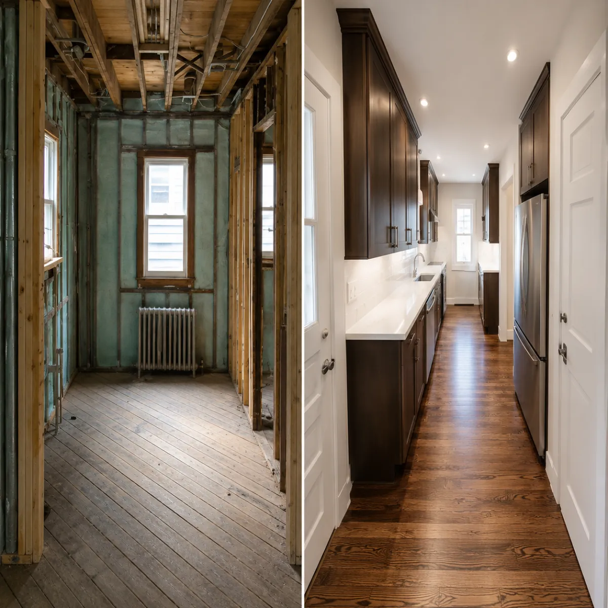 Before and after water damage restoration and kitchen remodel in Greater Houston, TX by Elite Restoration