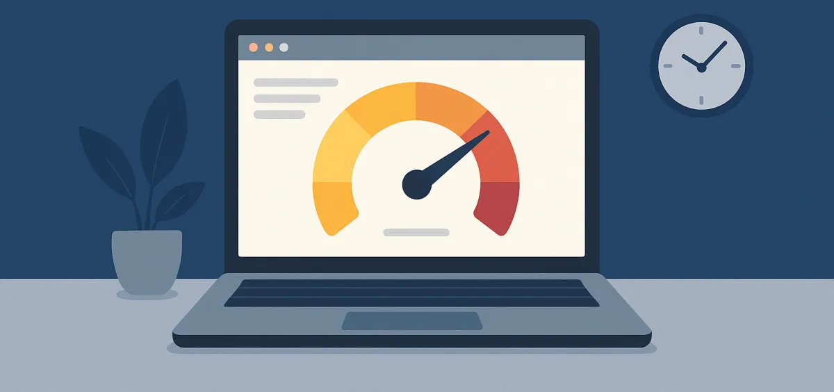Graphic showing a computer with a speed indicator representing website page speed.