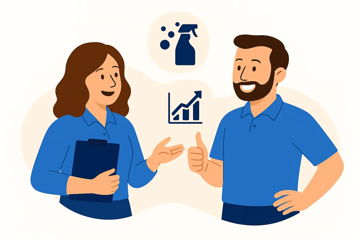 Cleaning mentor coaching a team in a sunlit kitchen