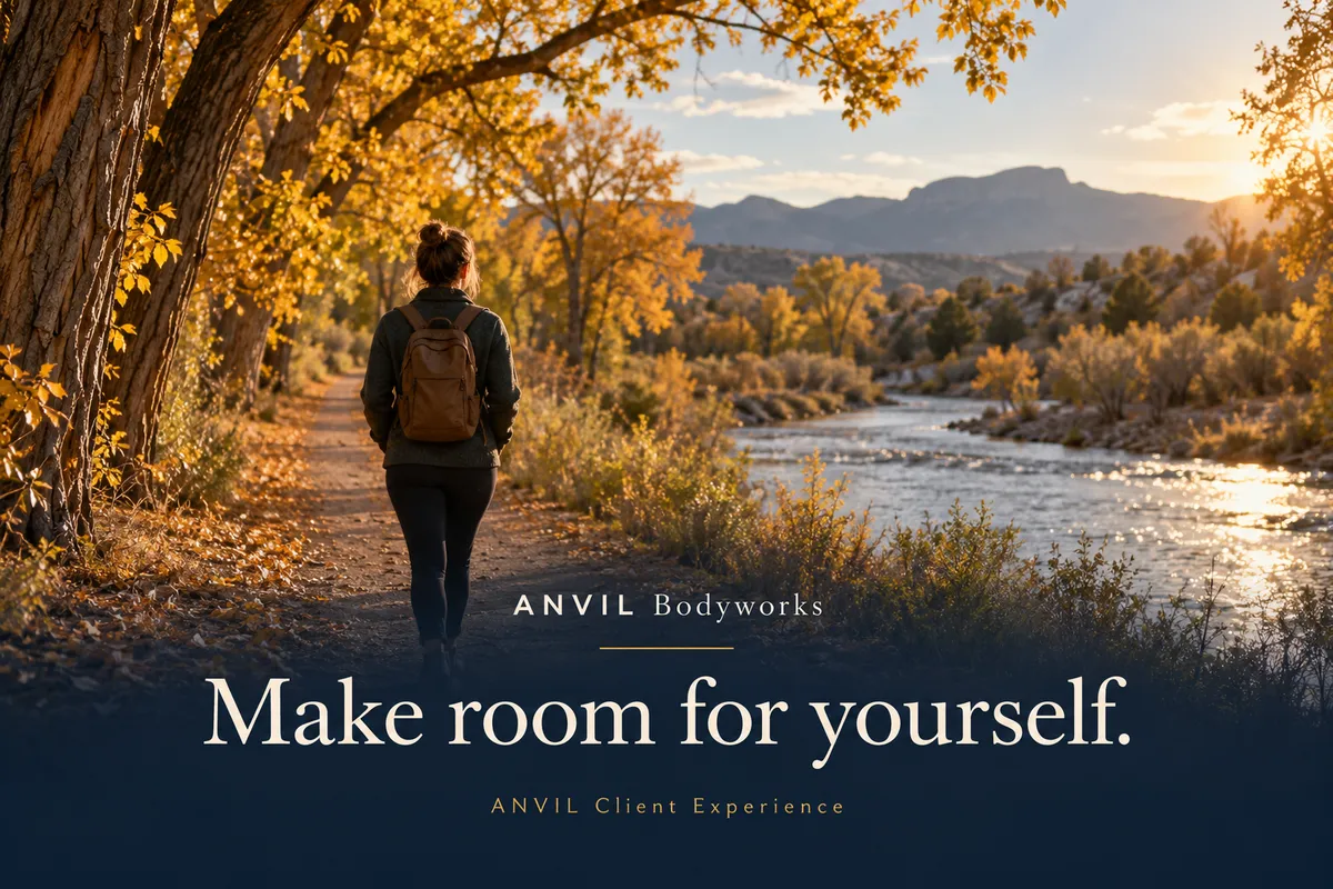 An autumn riverside walk with the message “Make room for yourself” from ANVIL Bodyworks.