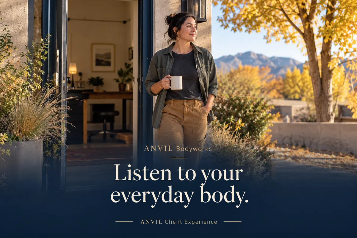 A woman taking a quiet outdoor break beside the message “Listen to your everyday body” from ANVIL Bodyworks.