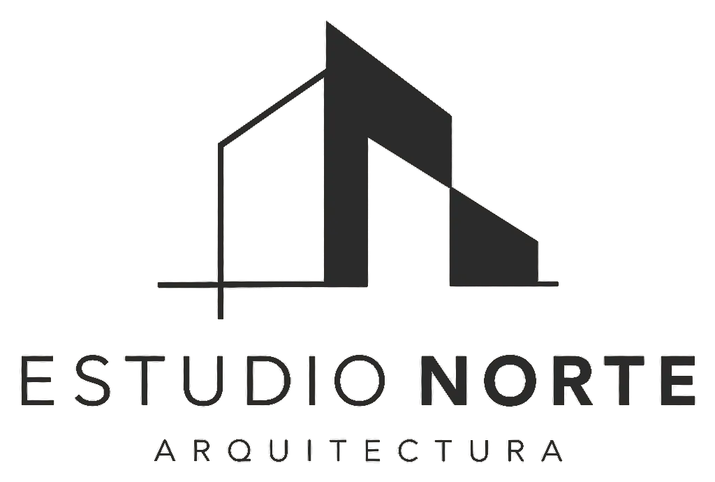 Minimalist black geometric logo resembling an abstract house or building structure, with the text 'ESTUDIO NORTE ARQUITECTURA' in sans-serif capitals below