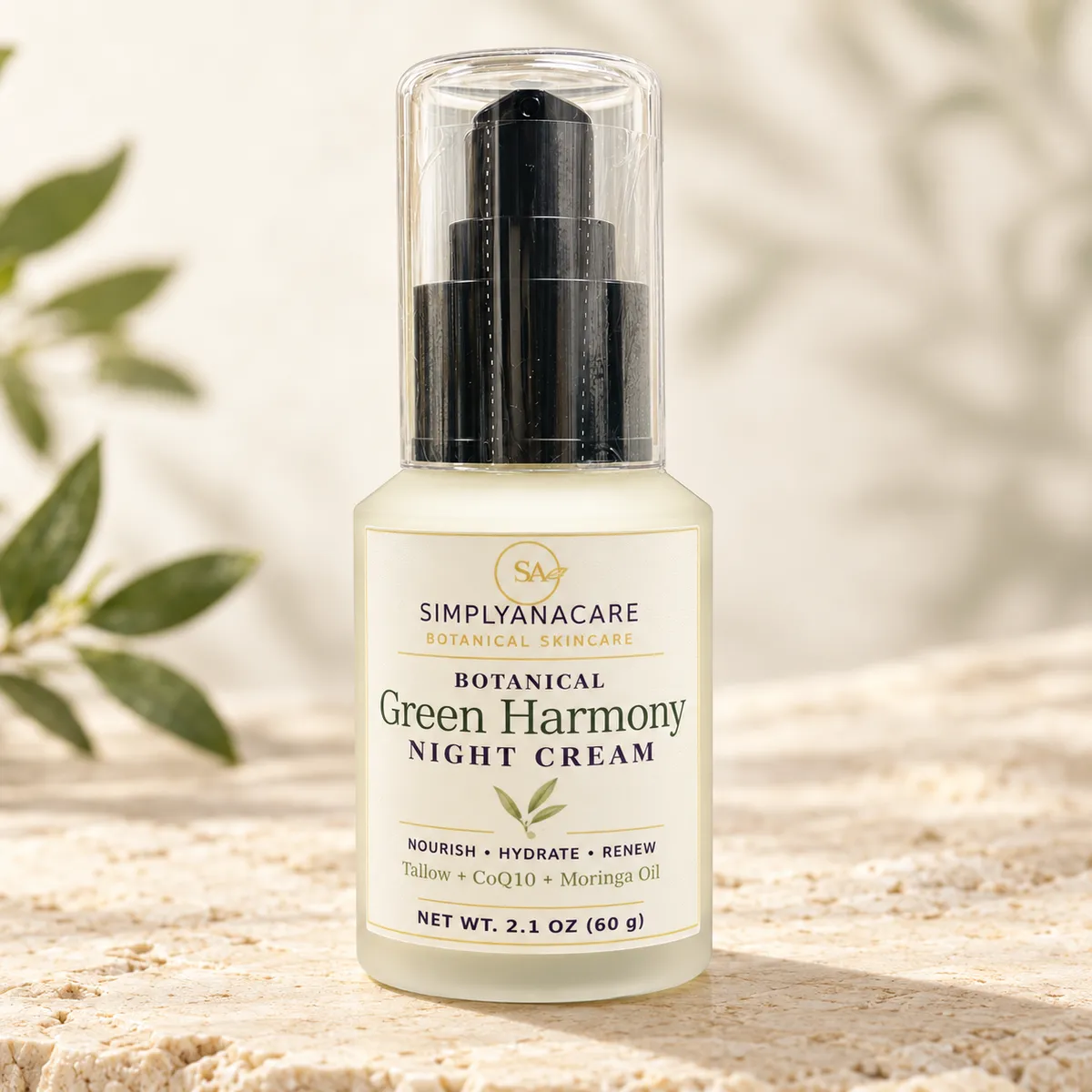 Green Harmony Facial Night Cream in a 2.1 oz (60 g) airless pump bottle