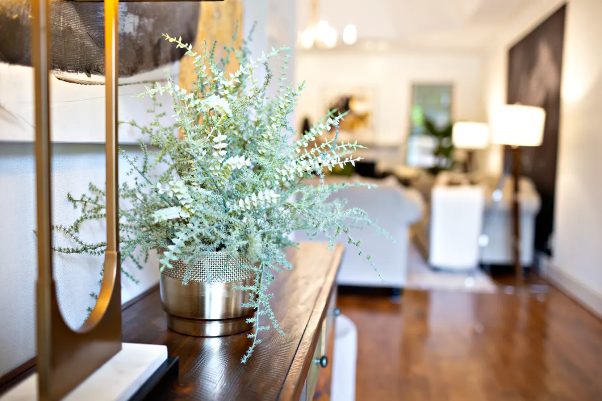 Light green plant in a gold planter atop a wooden entryway coffee table.