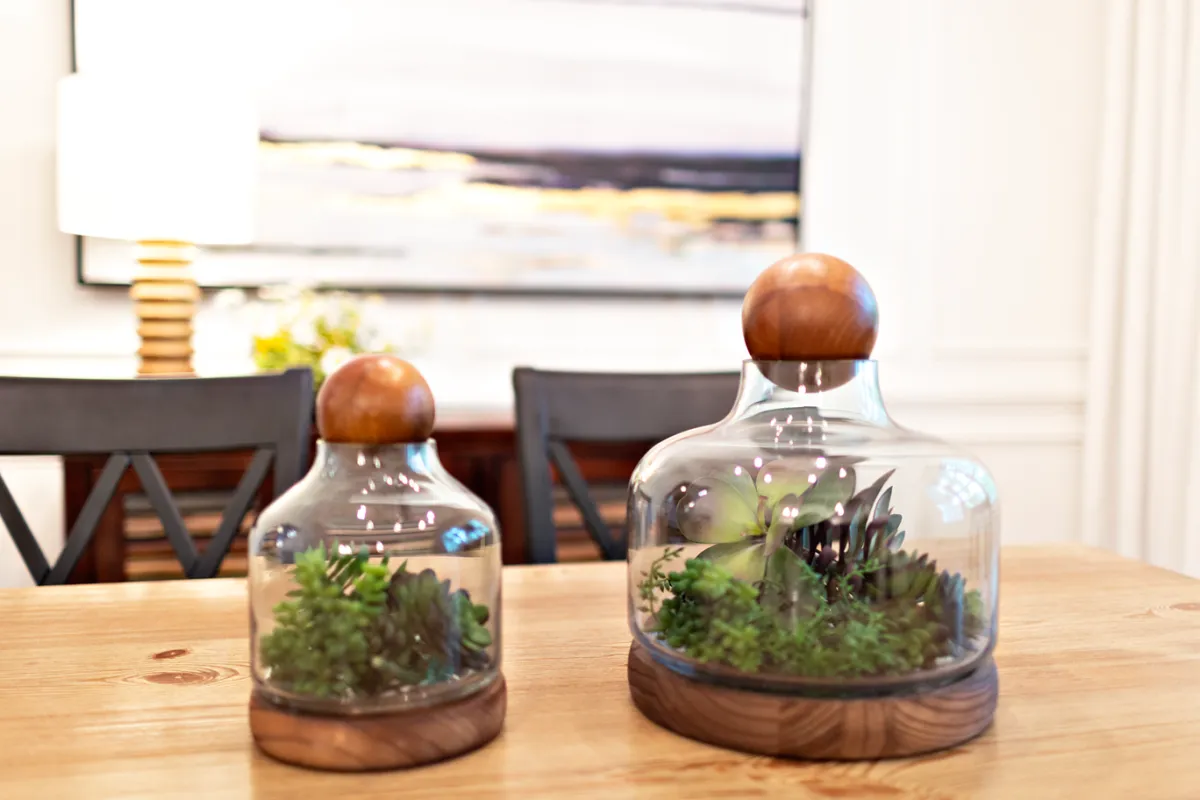 Two glass terrariums in the center of a rustic wooden dining room table, with succulents inside, a wooden base, and a round wooden top.