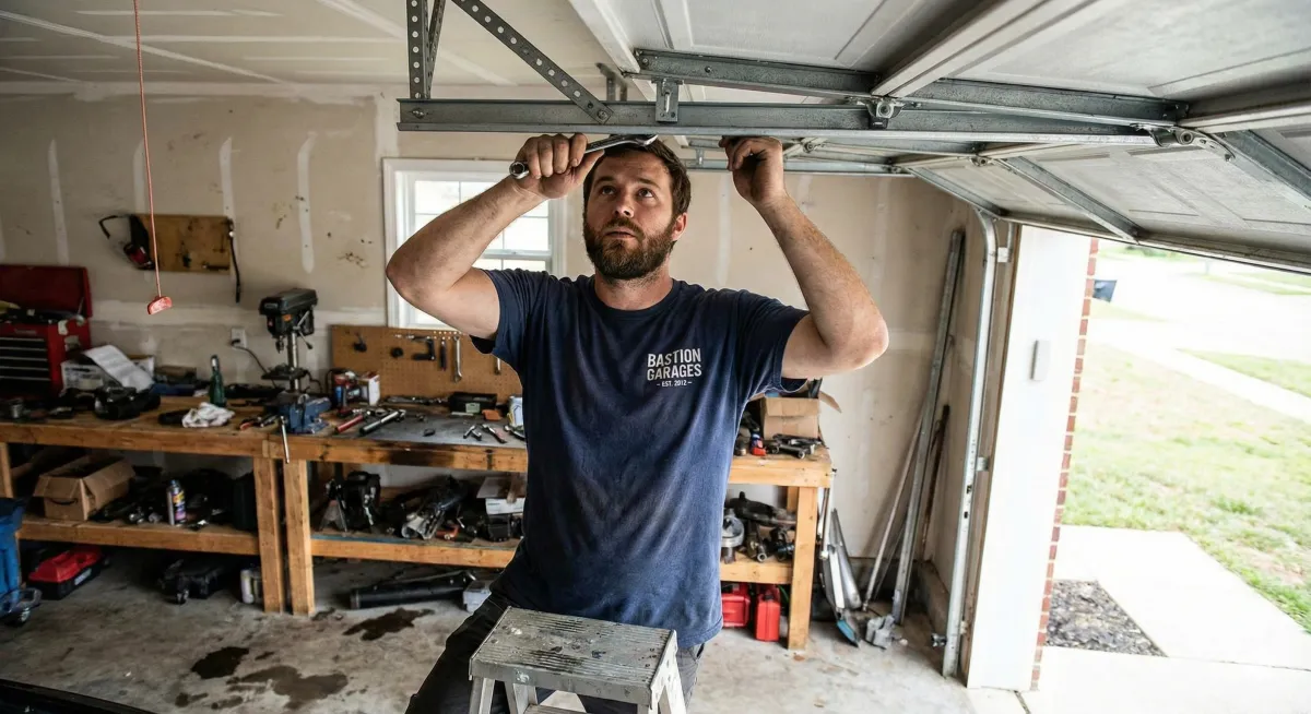 Portrait of Gary B., a middle-aged man with salt-and-pepper hair, wearing a branded Bastion polo, standing confidently in a well-lit workshop with tools neatly arranged behind him. The environment is professional and welcoming.
