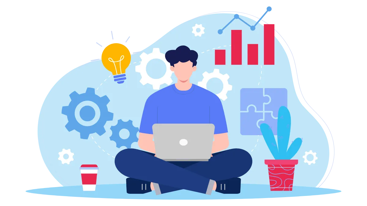 Illustration of a self-employed professional working on a laptop with financial growth symbols