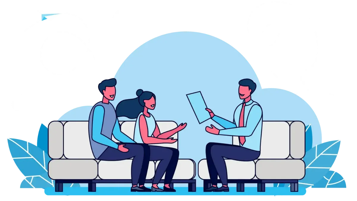 Illustration showing a financial advisor meeting with a couple to discuss a home loan