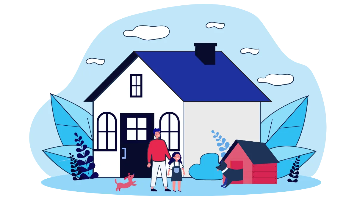 Illustration of a couple standing in front of their first home, representing first home buyer loans