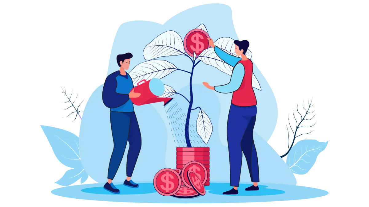 Illustration showing people reviewing financial growth and property investment opportunities