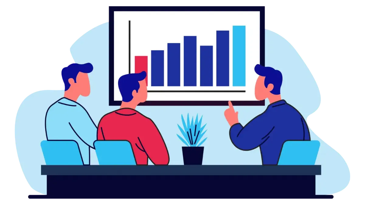 Illustration of financial advisors reviewing loan performance and refinancing options