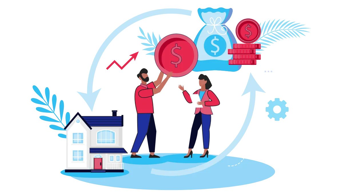 Illustration of homeowners reviewing savings and refinancing options for their home loan