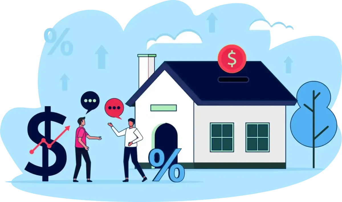 Illustration showing first home buyers discussing home loan options and interest rates