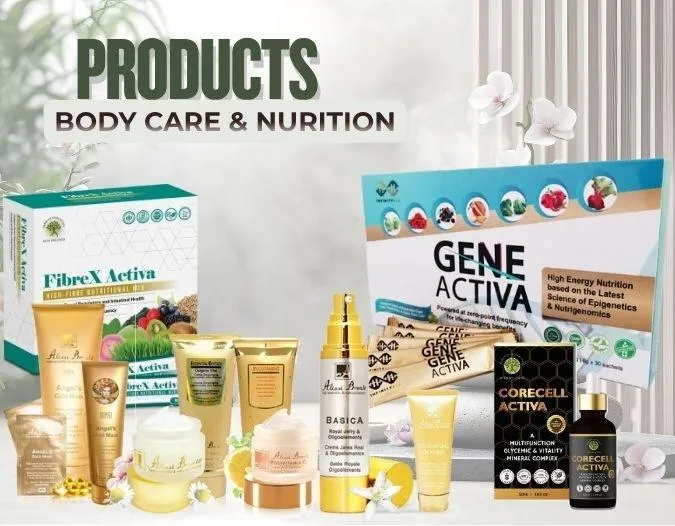 Promotional image for "PRODUCTS: BODY CARE & NUTRITION" from ATOS Wellness, displaying a variety of supplements and beauty products, including boxes labeled FibreX Activa, Gene Activa, and Corecell Activa, alongside lotions and creams.