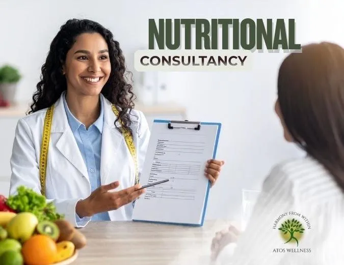 Promotional image for "NUTRITIONAL CONSULTANCY," showing a smiling nutritionist or dietitian in a lab coat, with a measuring tape around her neck, presenting a diet plan or consultation form on a clipboard to a female client. A bowl of fresh fruit is visible in the foreground.
