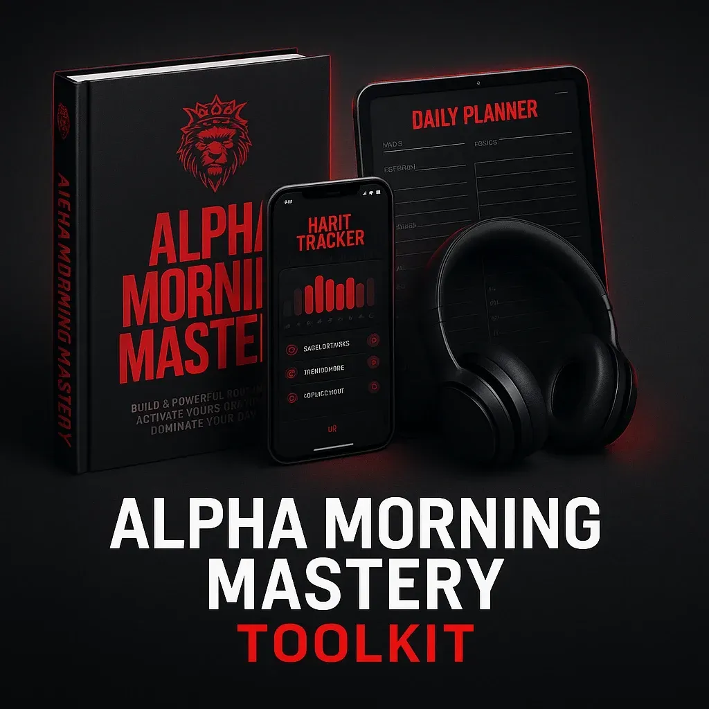 Alpha Morning Mastery Toolkit product mockup featuring a sleek hardcover book, smartphone with habit-tracking app, digital planner on tablet, and wireless headphones, arranged on a dark background with red and black accents, symbolizing discipline, focus, and high-performance morning routines