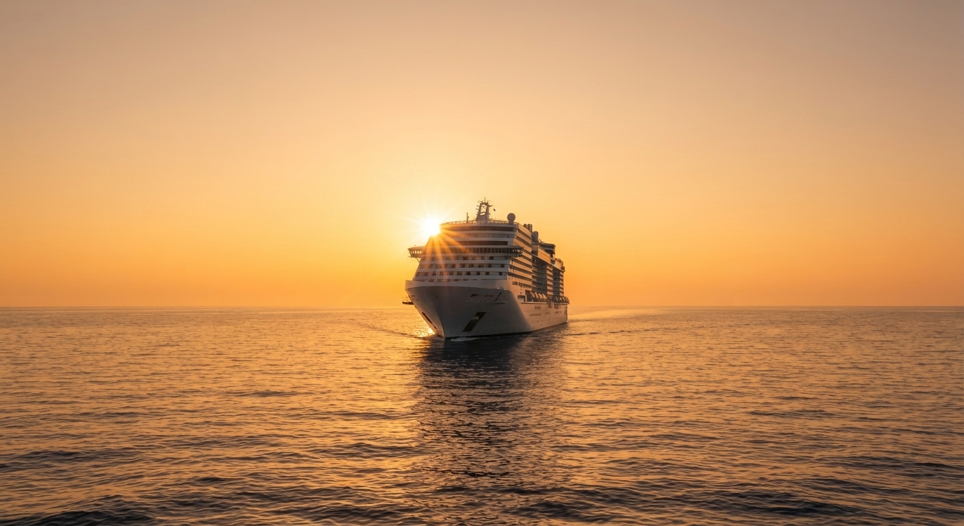 Crucero navegando por el Mediterráneo al atardecer