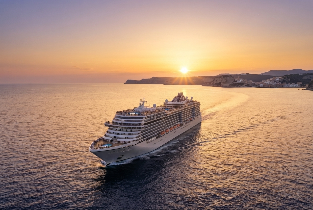 Crucero navegando por el Mediterráneo al atardece