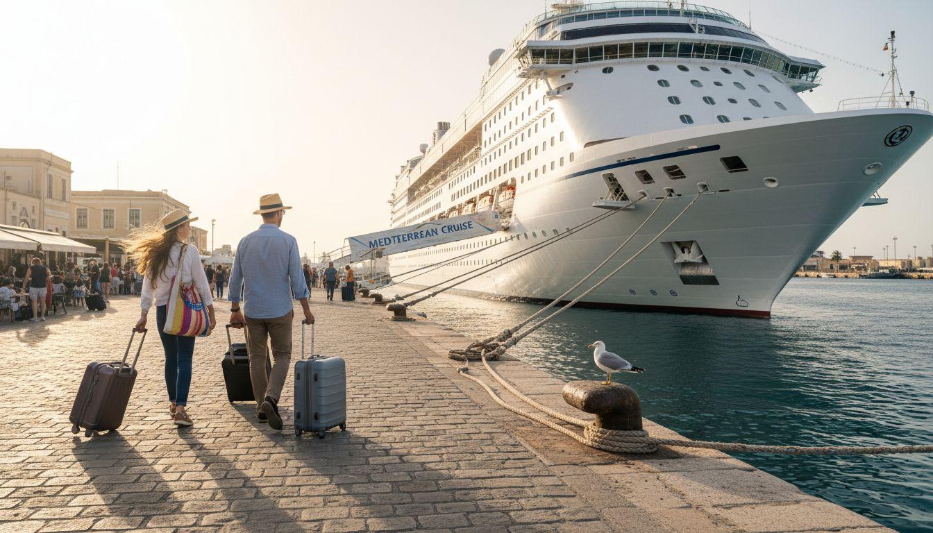 Pareja caminando hacia un crucero antes de embarcar