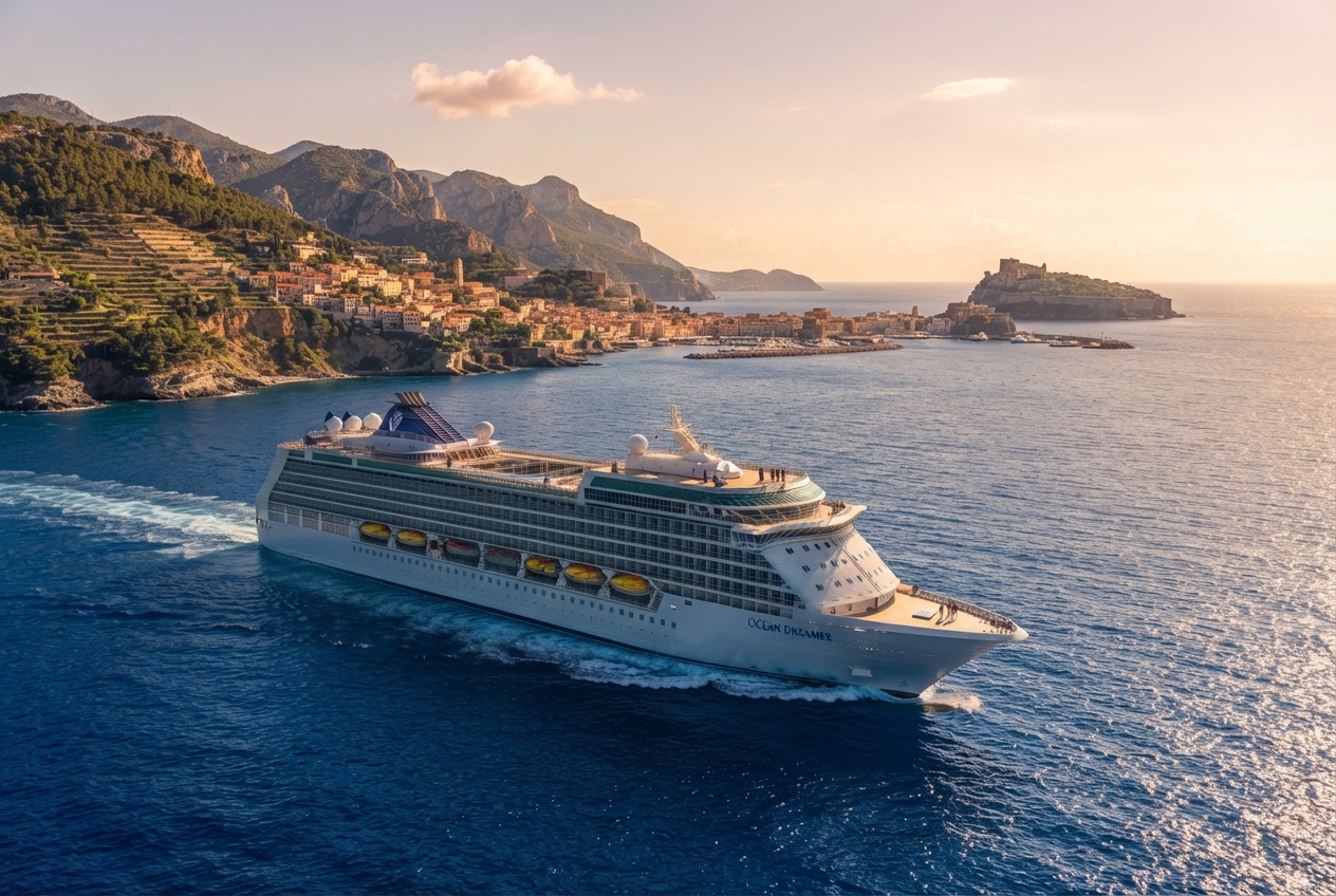 Crucero navegando por el Mediterráneo junto a una costa mediterránea