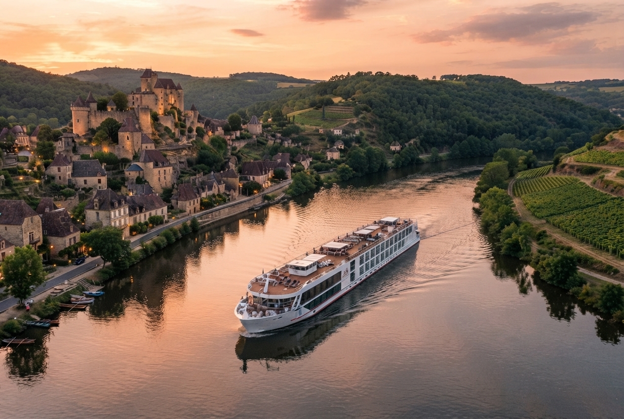 Crucero fluvial navegando por un río europeo entre paisajes y pueblos históricos