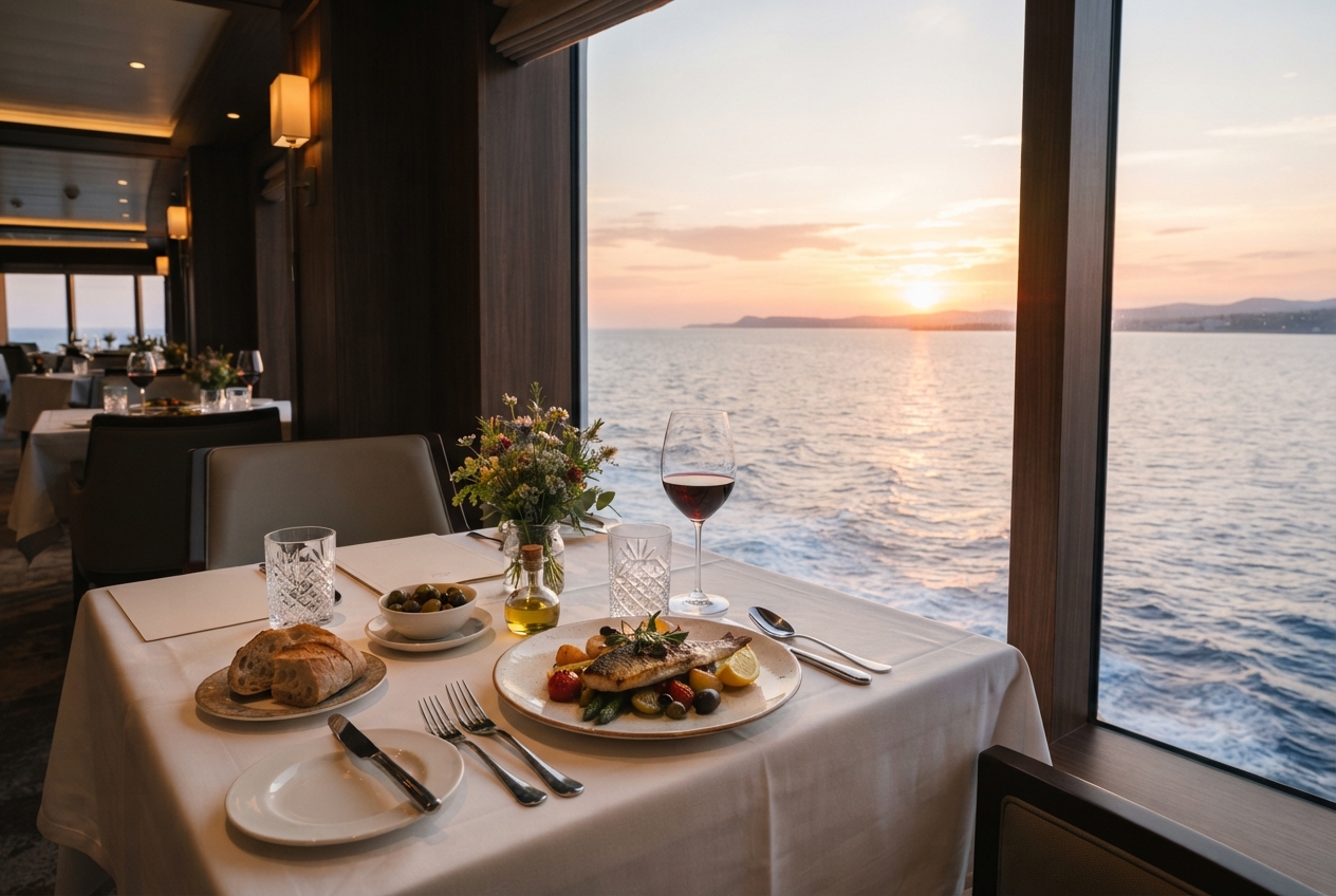 Restaurante de crucero con gastronomía mediterránea y vistas al mar