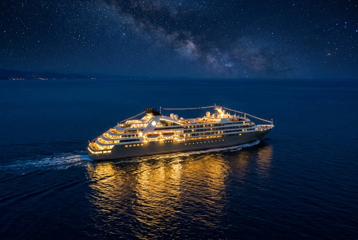 Crucero de lujo navegando por el Mediterráneo al atardecer