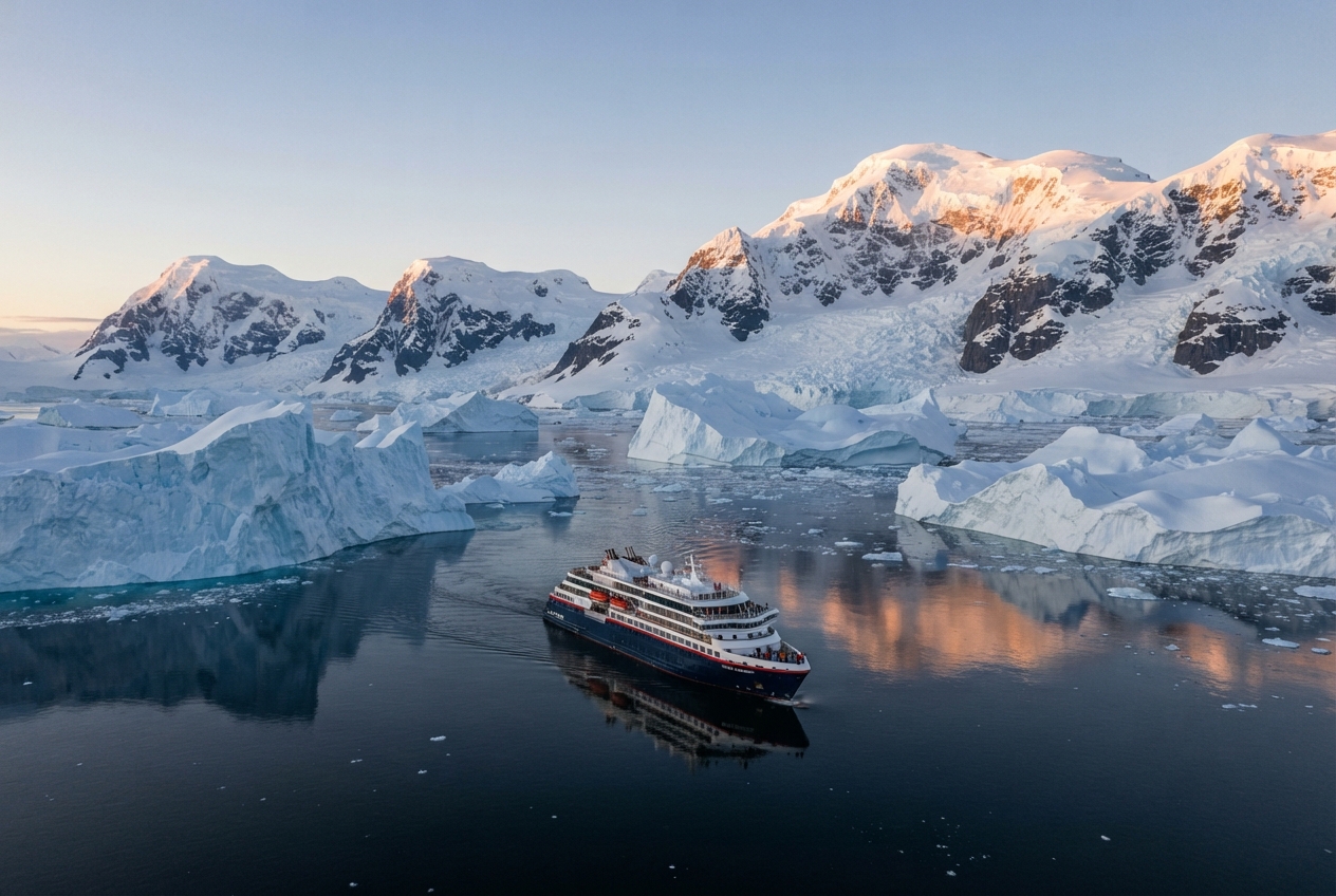 Crucero navegando entre hielos de la Antártida