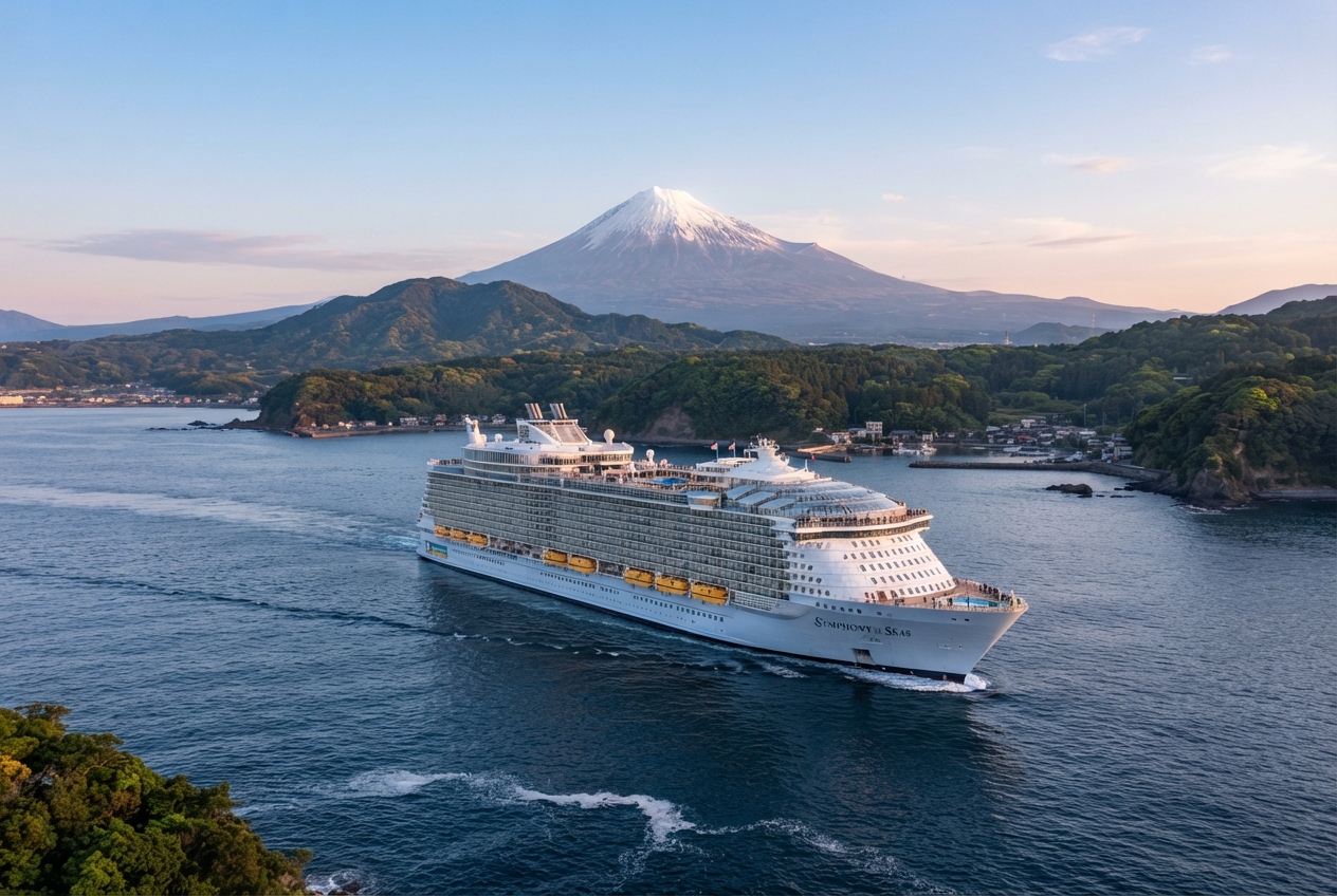 Crucero navegando frente a la costa de Japón con el monte Fuji al fondo