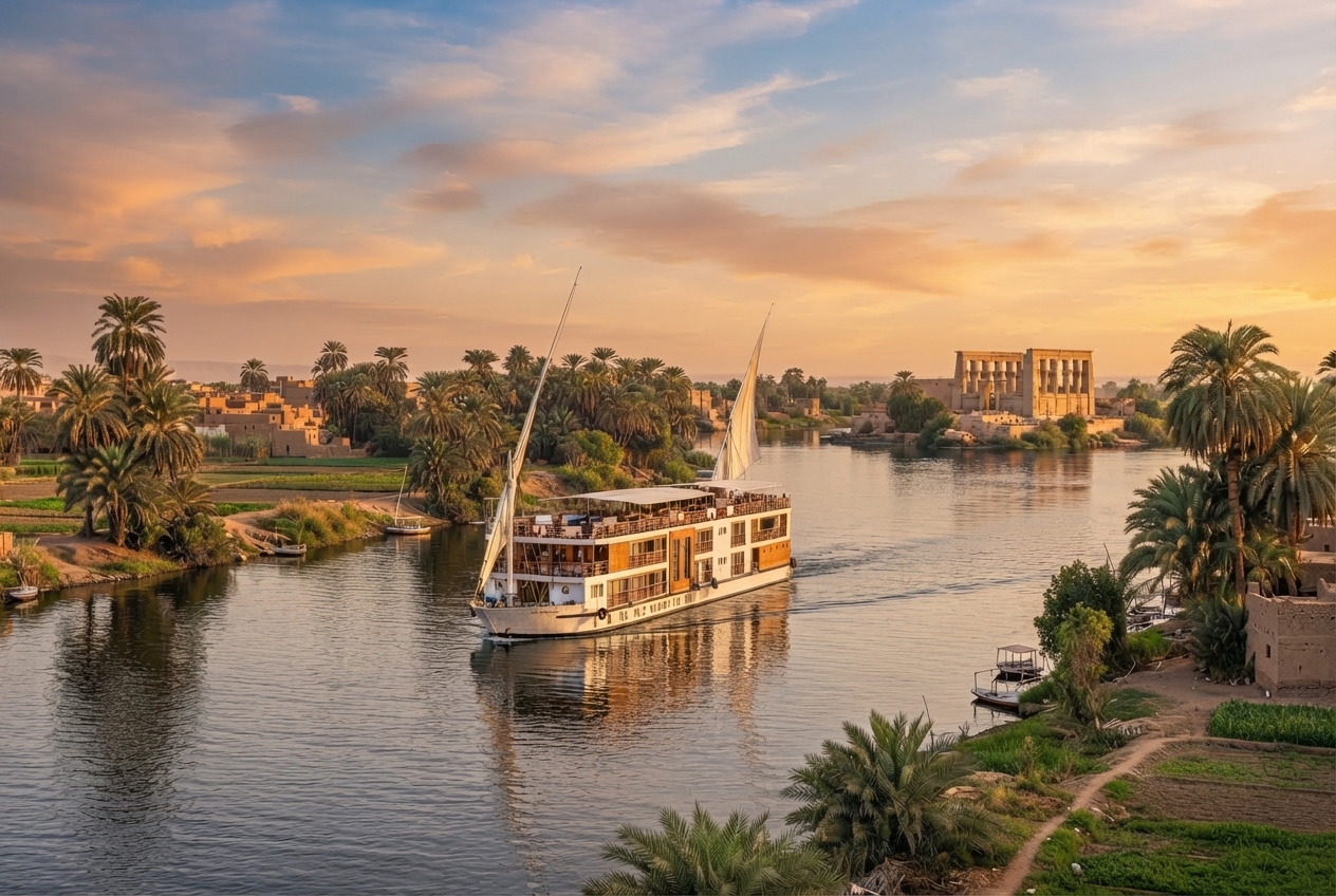 Barco navegando por el río Nilo al atardecer entre paisajes de Egipto