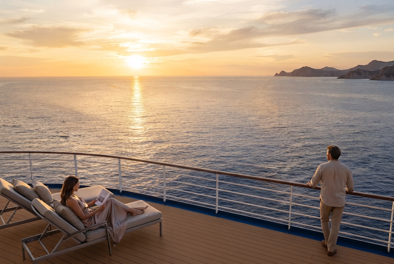 Crucero navegando mientras varias personas disfrutan de la vida a bordo