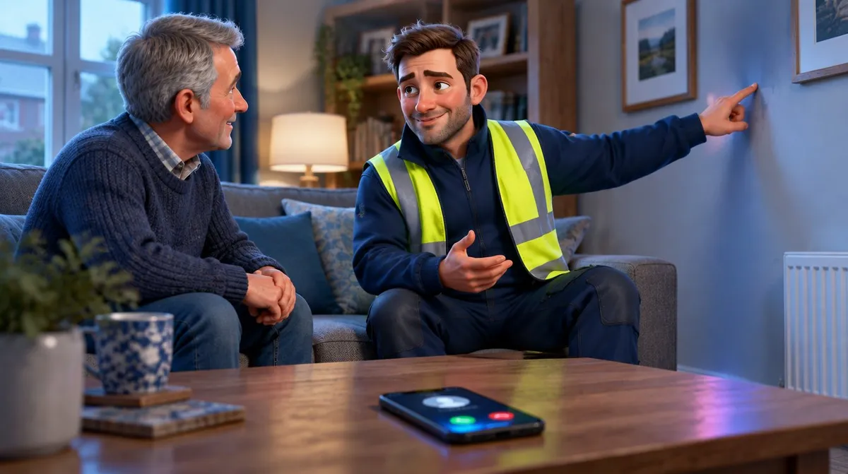 Dan talking with a client while his phone rings unanswered on the table