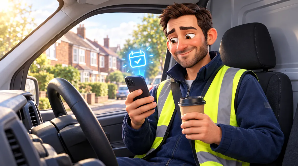 Dan checking a site visit booked overnight on his phone