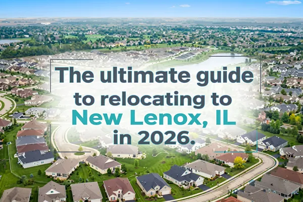 Aerial view of New Lenox, IL suburb at sunset with skyline