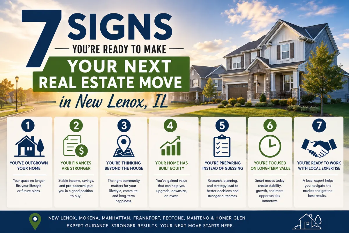 Infographic highlighting seven signs you're ready to make your next real estate move in New Lenox, Mokena, Manhattan, Frankfort, Peotone, Manteno, and Homer Glen, IL