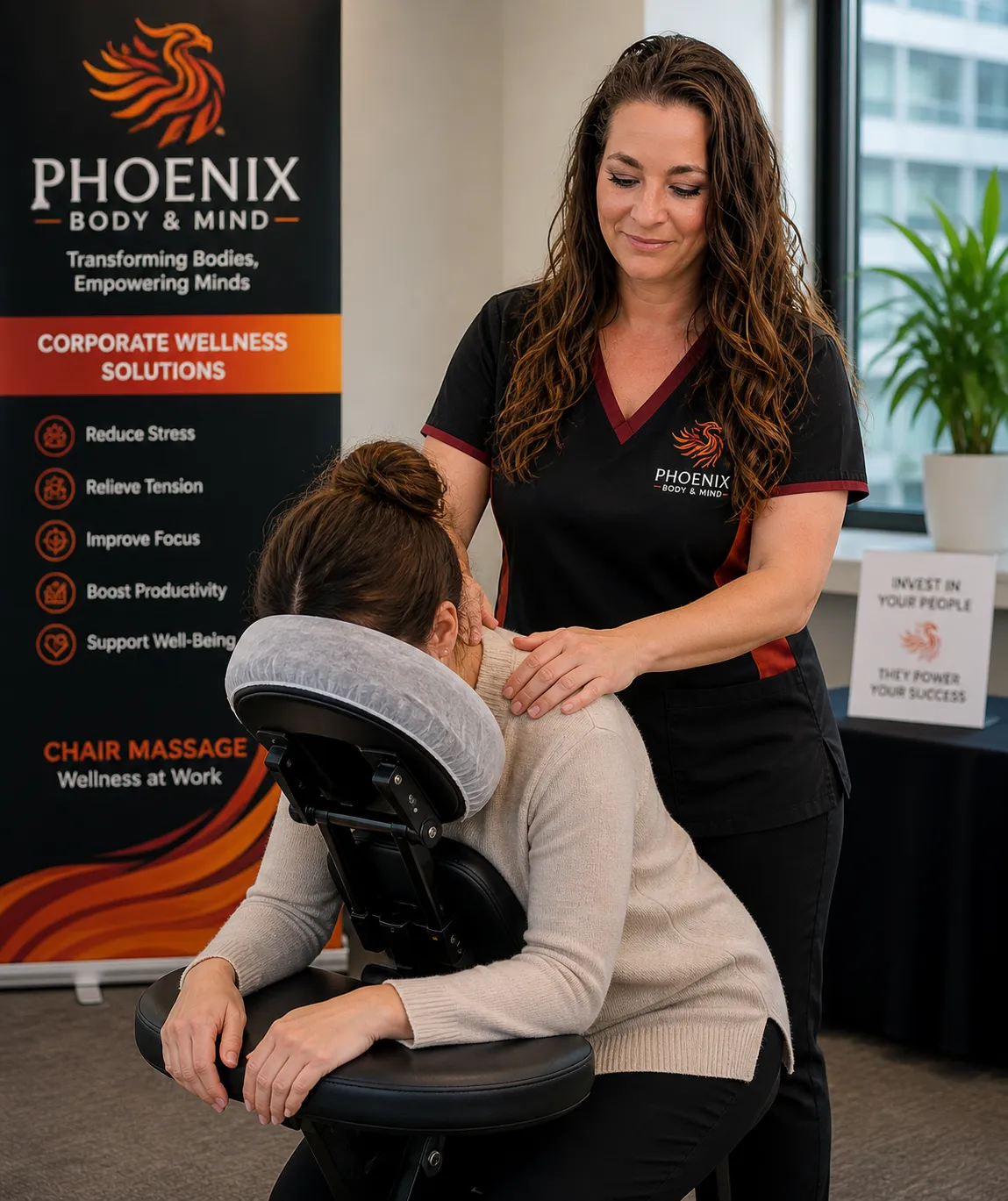 Workplace wellness programs focused on employee stress reduction, productivity, posture, and overall workplace health.