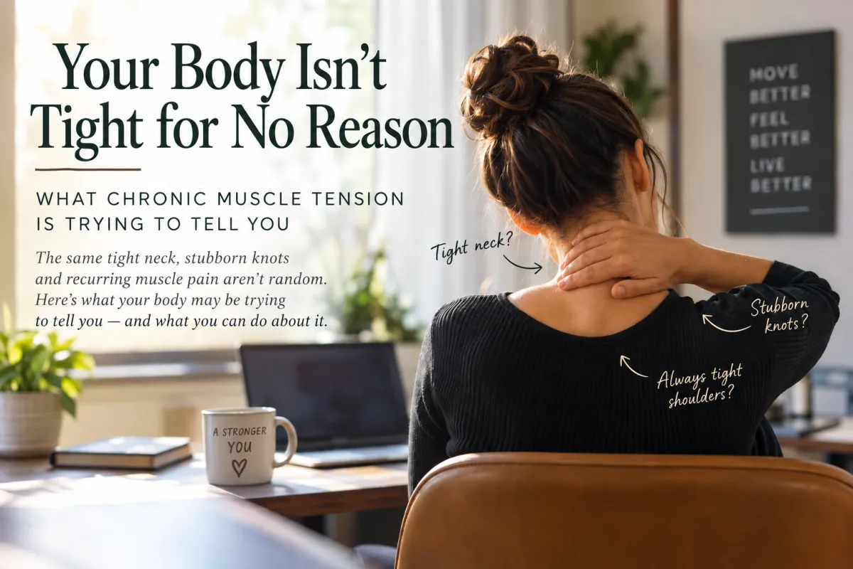 Woman experiencing chronic neck and shoulder muscle tension from everyday activities