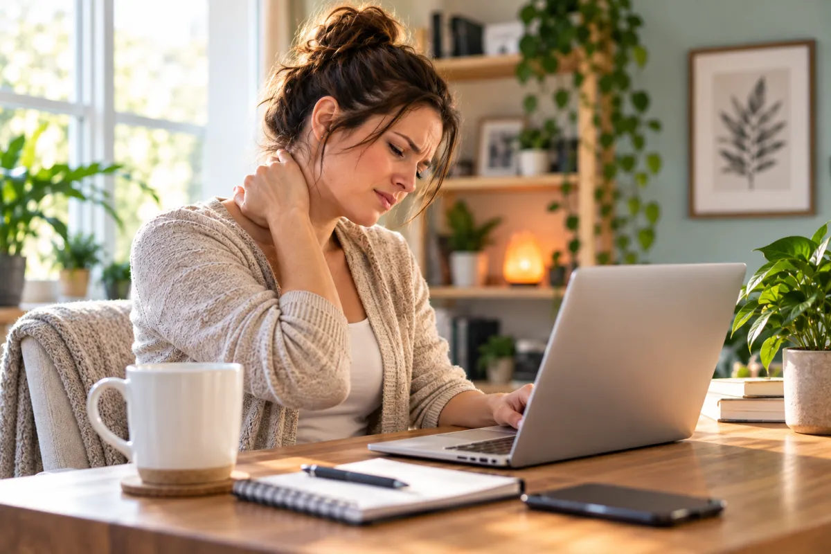 Woman working from home at a laptop experiencing neck and shoulder pain