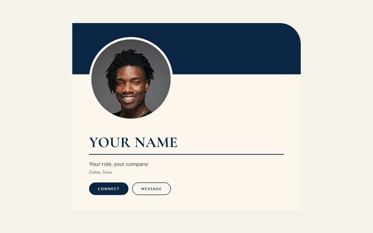 A professional headshot shown inside a profile card, circular crop on a navy banner