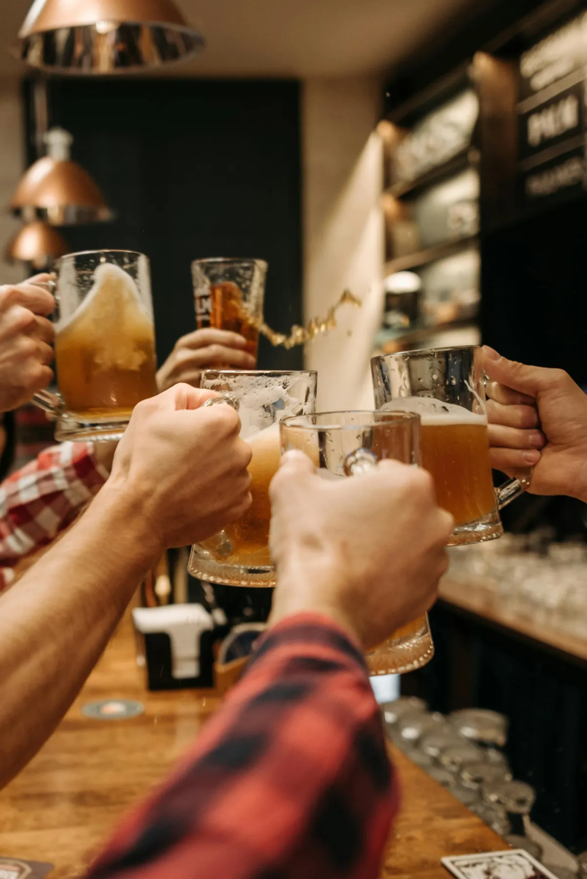 5 hands with beer mugs toasting